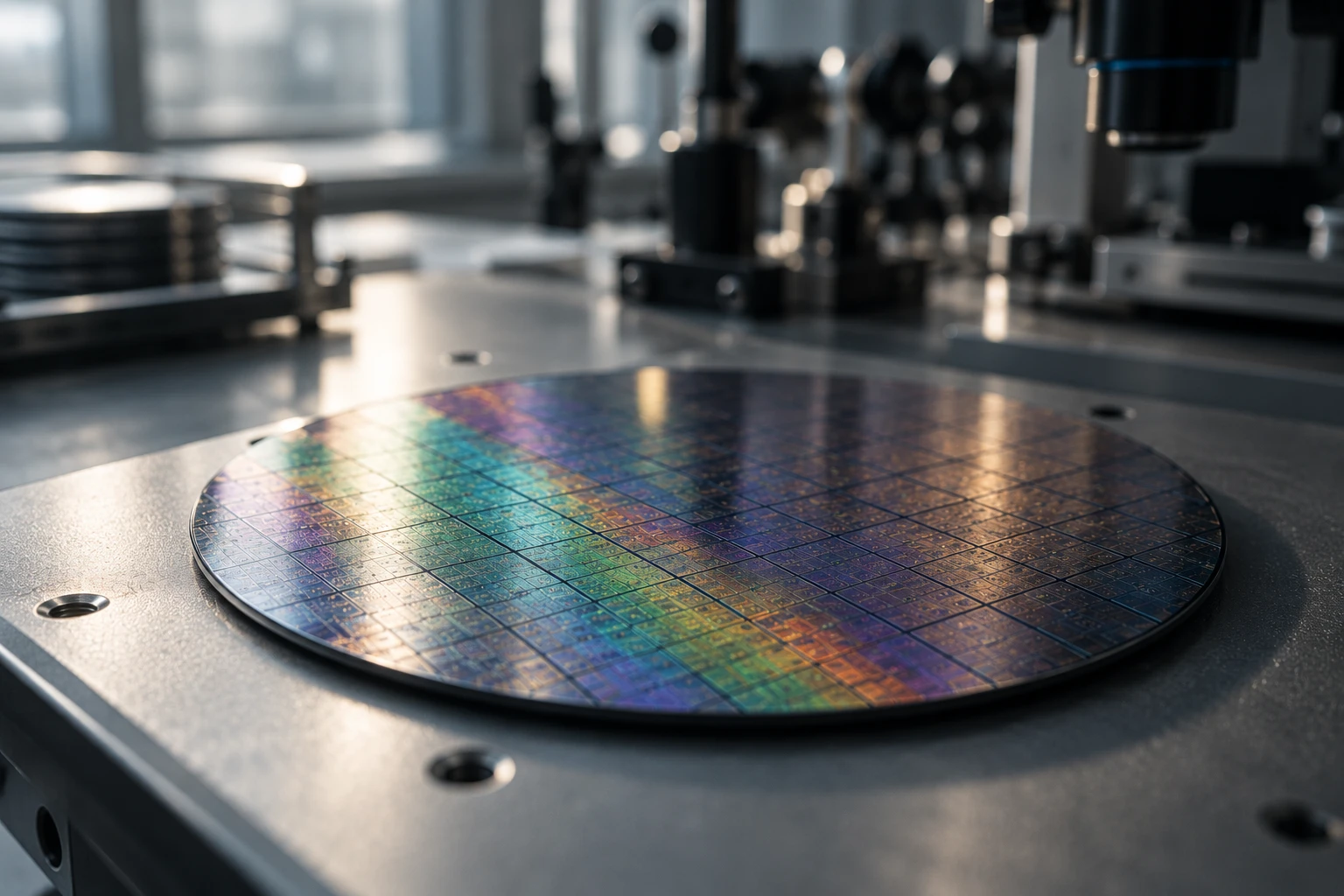 A silicon wafer on a lab bench beside optical equipment