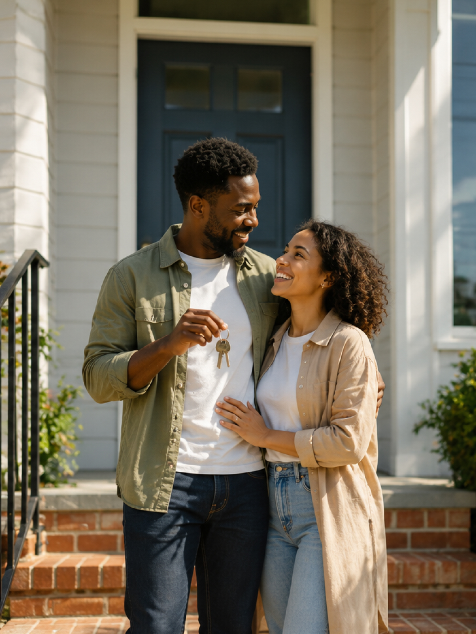 A couple holding keys outside their new home