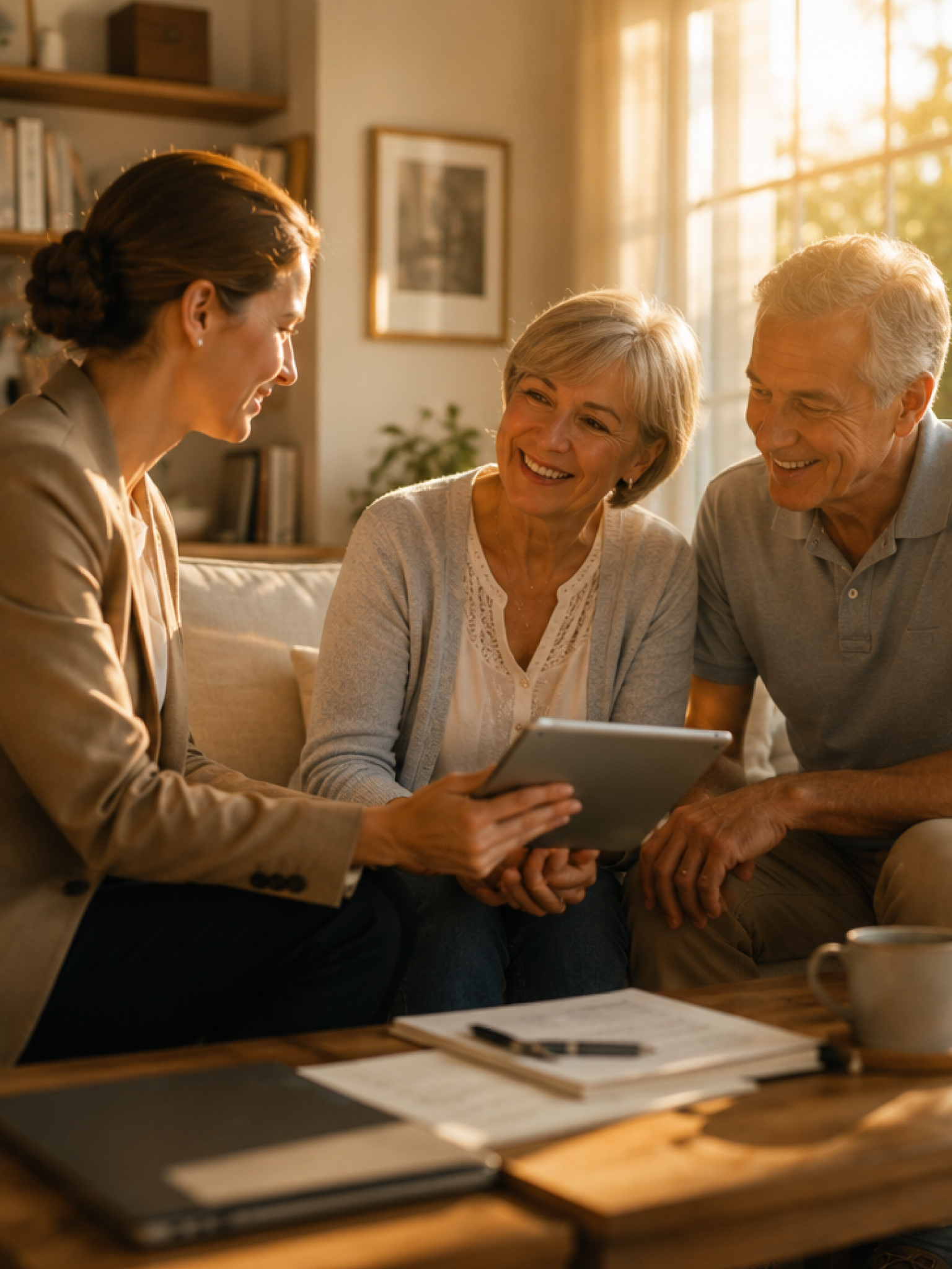 An advisor reviewing plans with an older couple at home