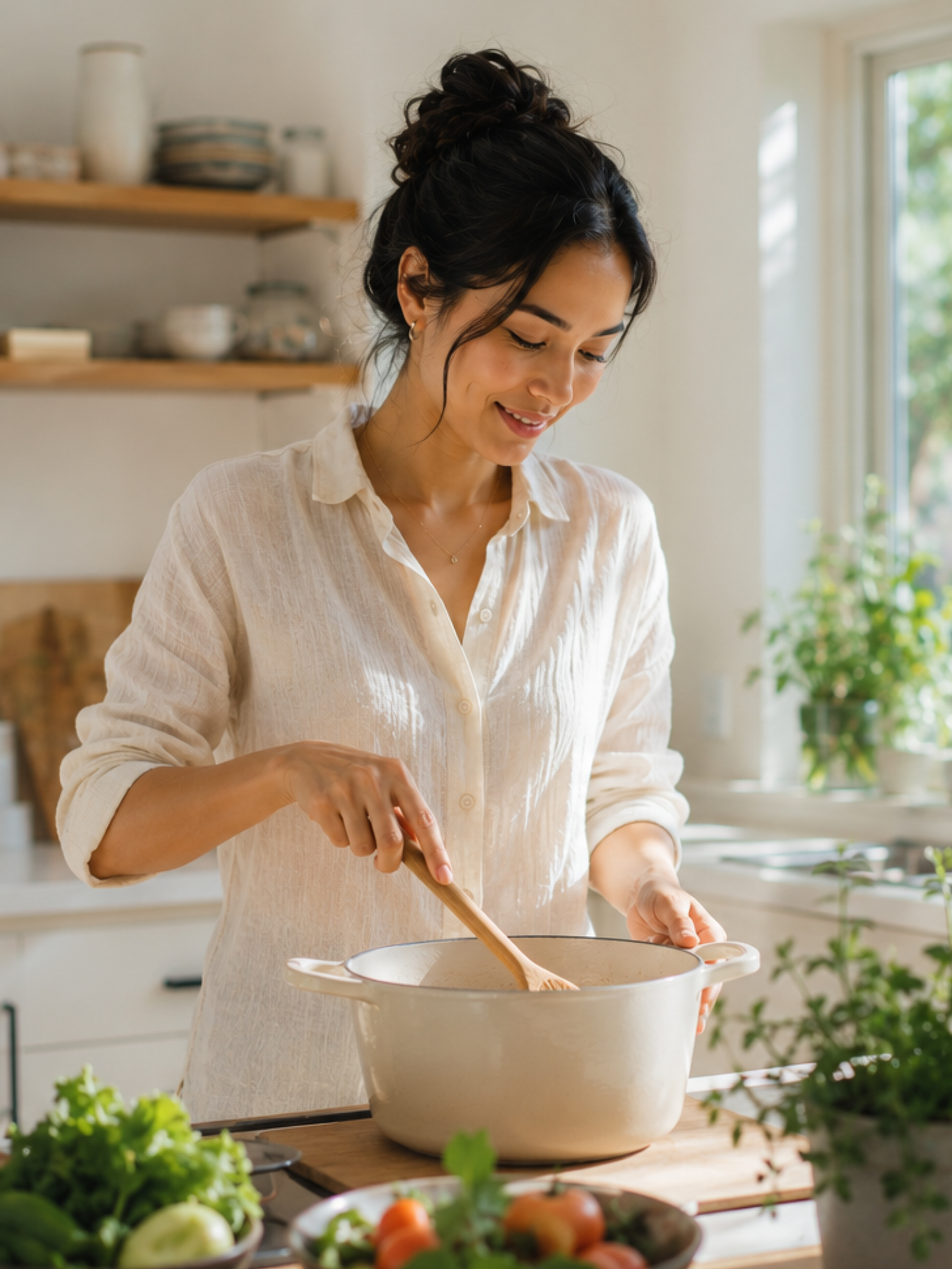 A woman cooking a fresh meal in a bright kitchen