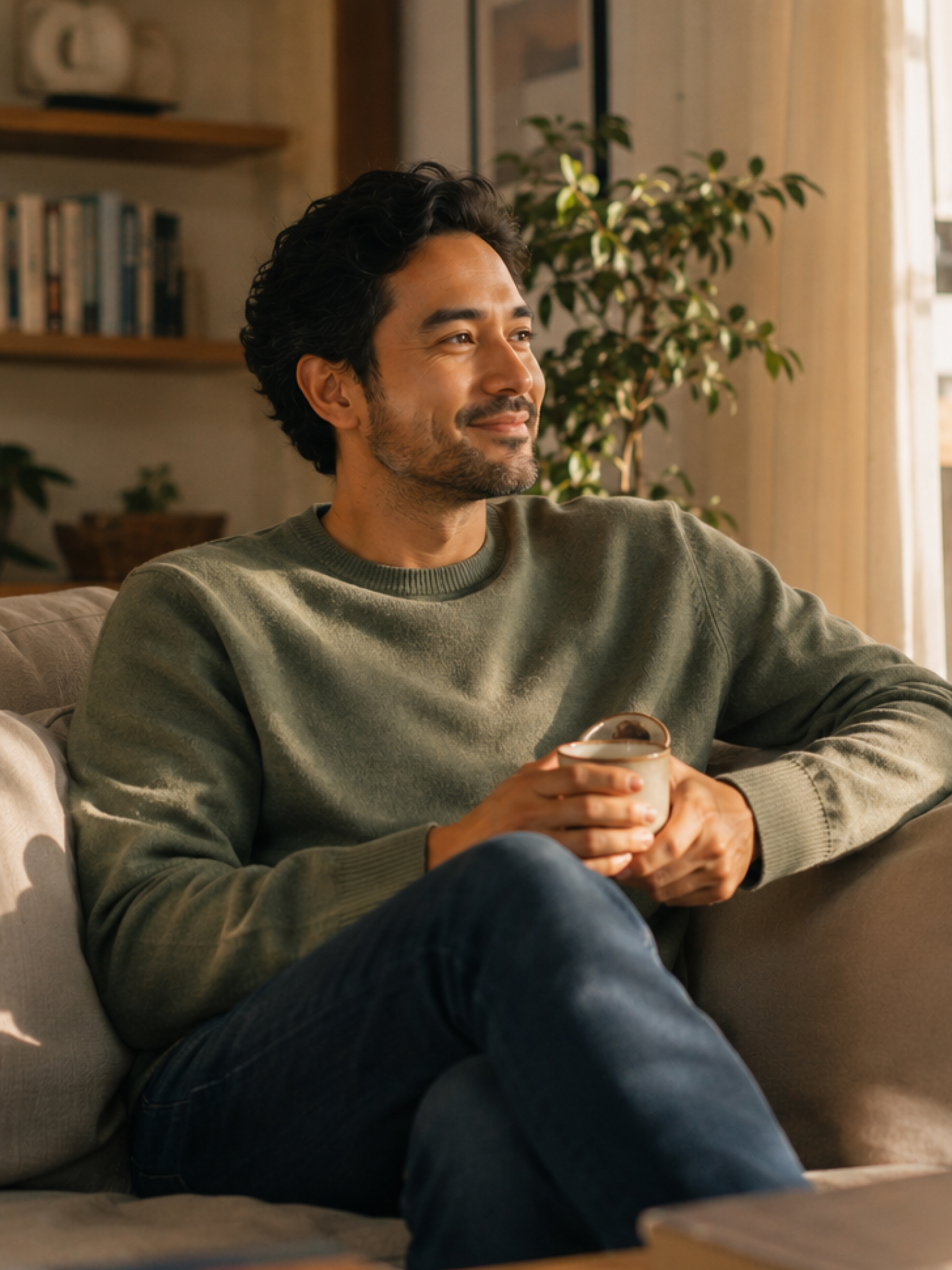 A man relaxing on a sofa with a cup of coffee