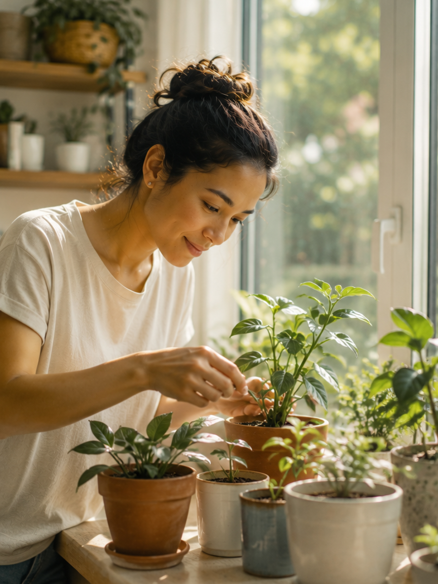 A woman tending potted plants by a sunny window