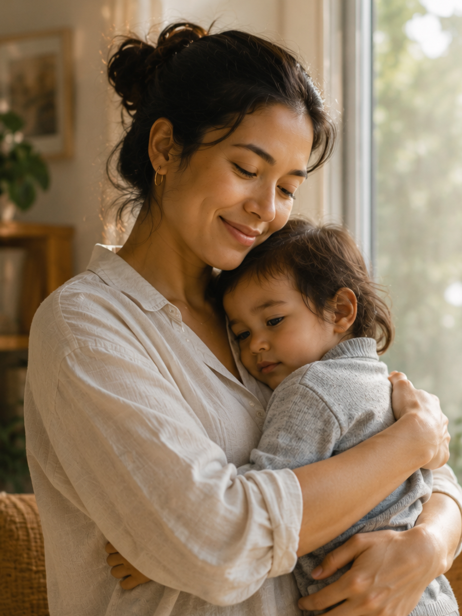 A mother holding her child in warm light