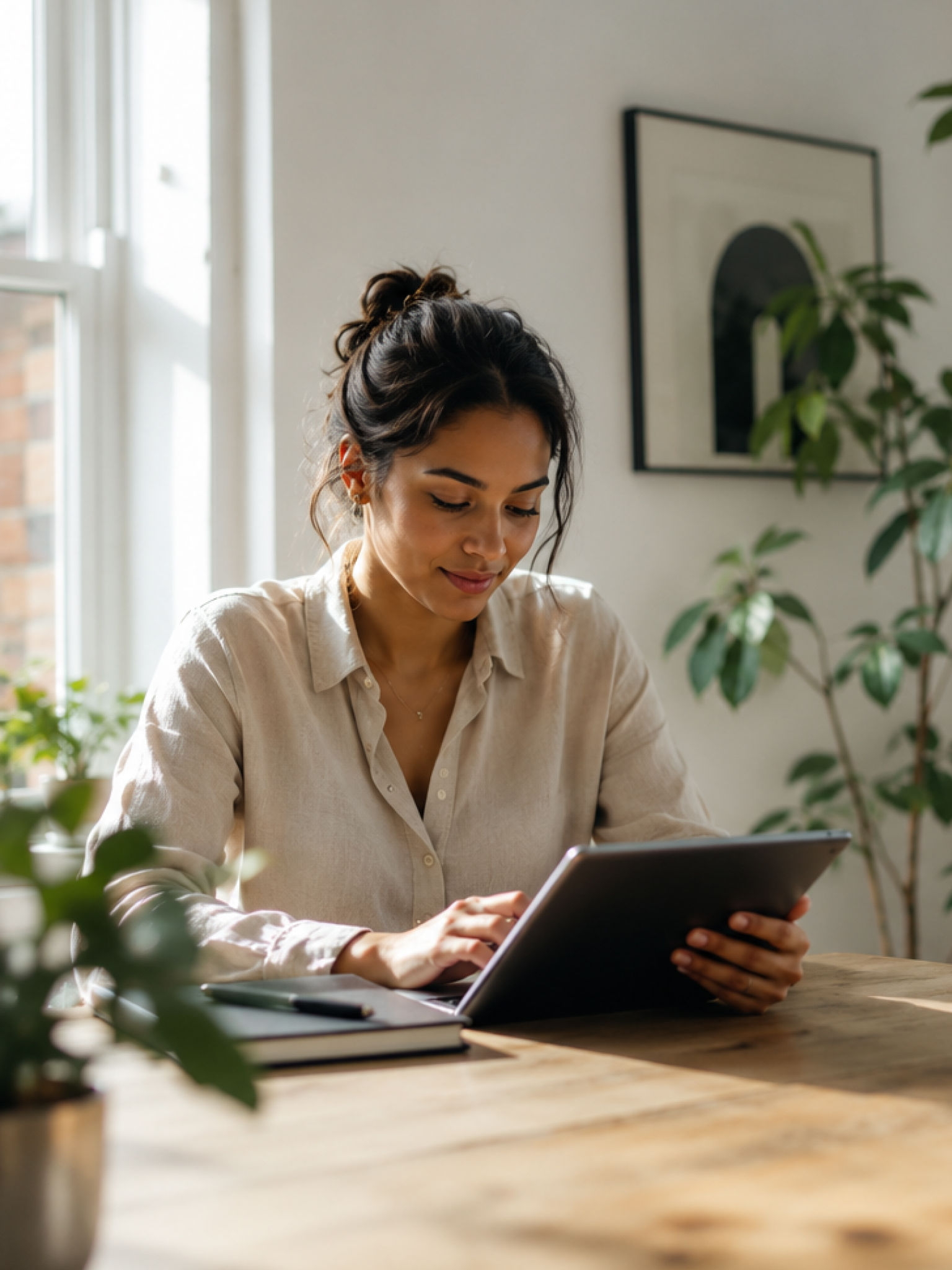 A woman using a tablet at a wooden desk
