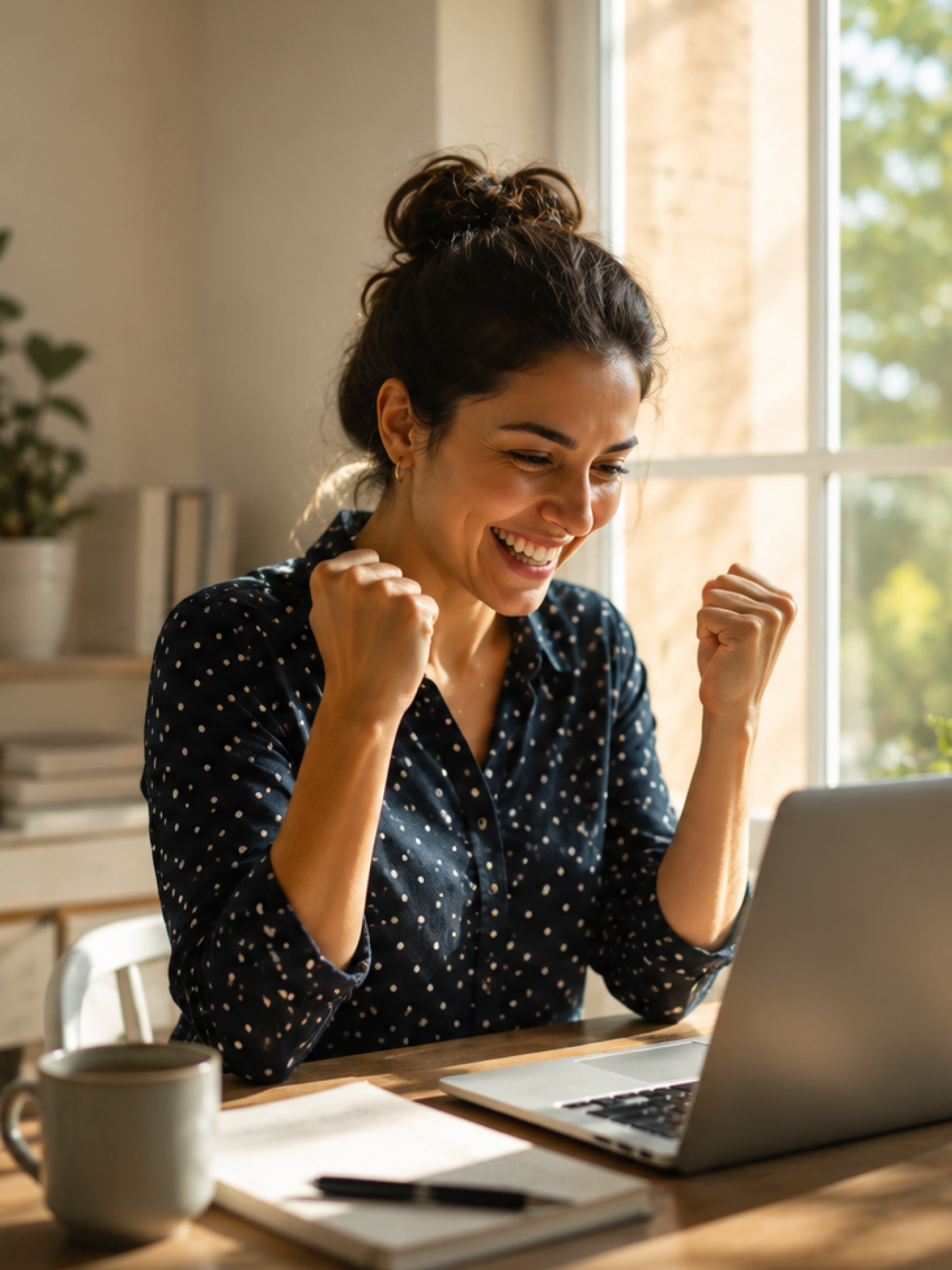 A woman celebrating a win at her laptop